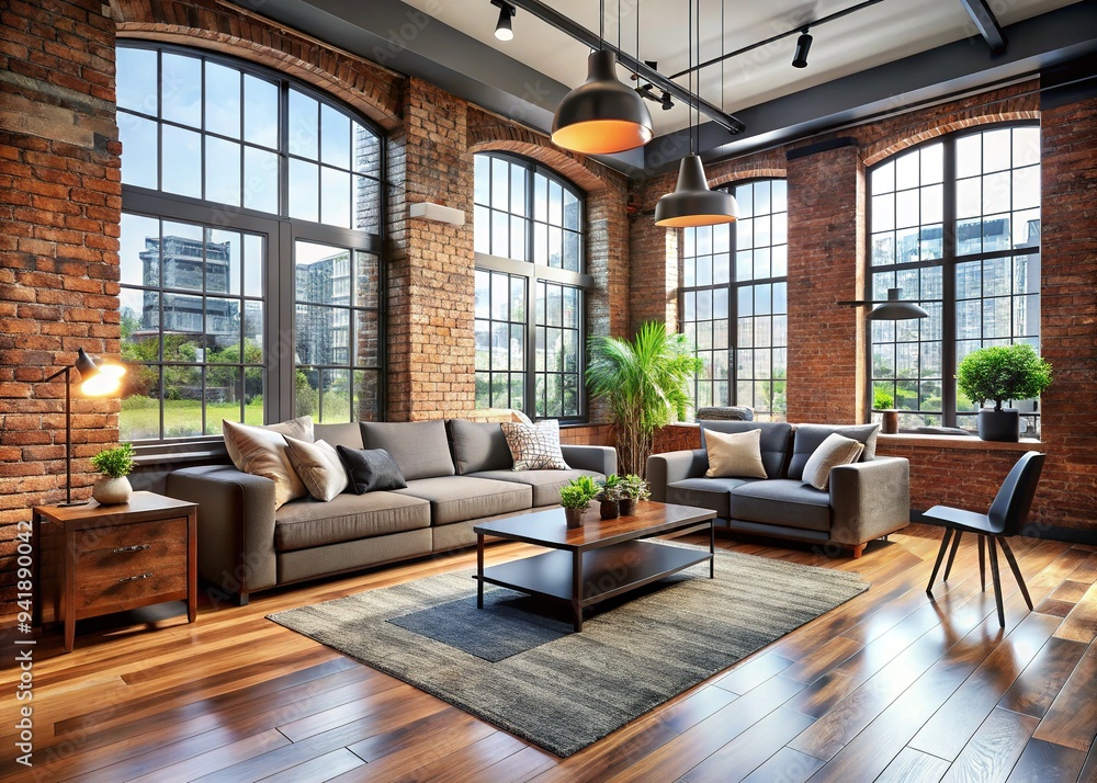 Fototapeta premium Contemporary living room with exposed brick walls, sleek hardwood floors, large windows, and minimalist decor, evoking a sense of modern industrial chic.