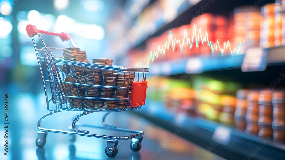 Shopping cart with coins and an arrow pointing upwards on the background, symbolizing growth in sales or a concept Shopping cart with coins and an arrow pointing upwards on the background, symbolizing growth in sales or a concept