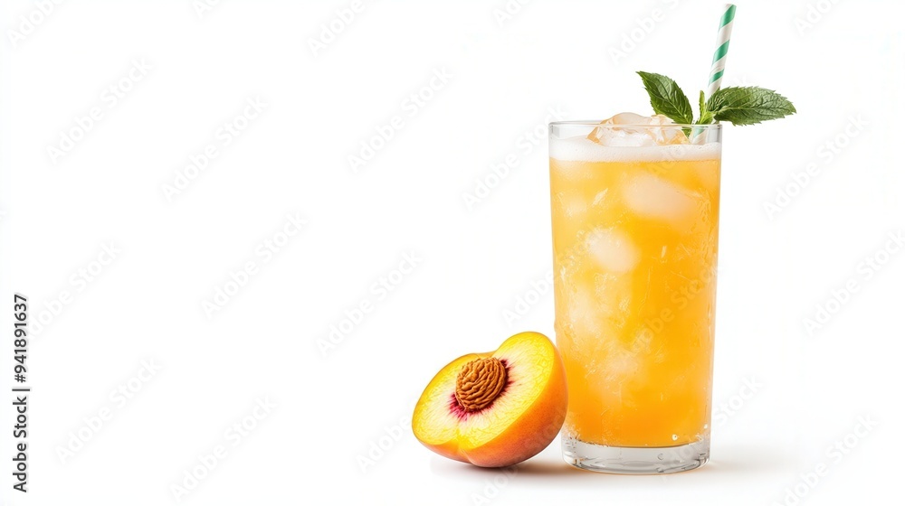 Fototapeta premium Peachy Iced Tea: A refreshing glass of iced tea with a slice of peach and a sprig of mint, perfect for summer days. The bright, vibrant colors and refreshing ingredients evoke a sense of relaxation an