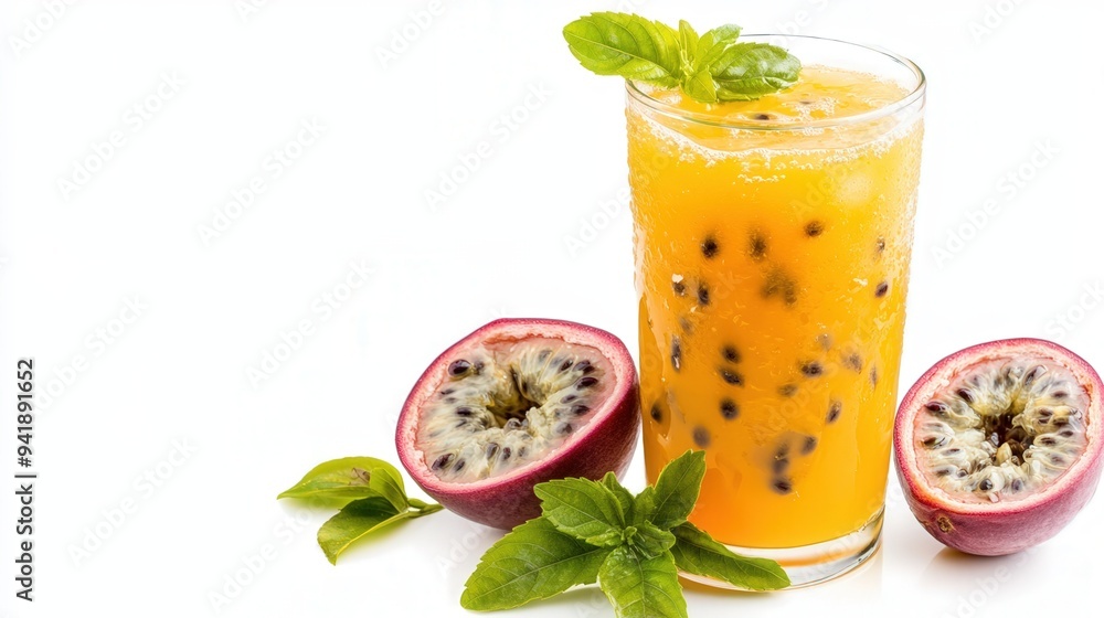 Fototapeta premium Passion Fruit Paradise: A refreshing glass of passion fruit juice, adorned with ice and basil, takes center stage alongside ripe, halved passion fruits.