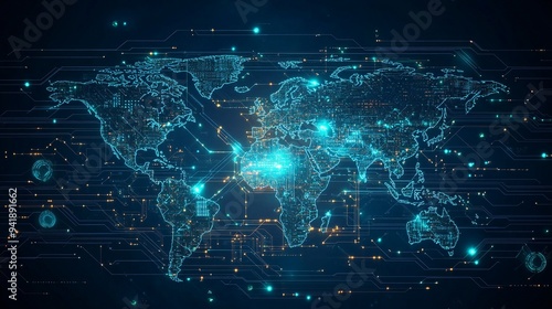 Global Connectivity: Flat Graphic World Map with Glowing Circuit Lines and Data Points for Technology Theme, Copy Space, Illustration