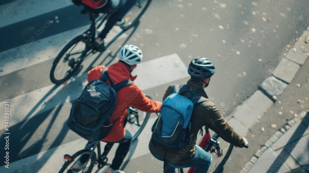 Couple cycling together on a city road, wearing casual clothes Couple cycling together on a city road, wearing casual clothes