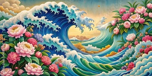 The Great Wave of Flowers An Ukiyo-e Inspired Digital Painting, flowers , ocean , wave , ukiyo-e