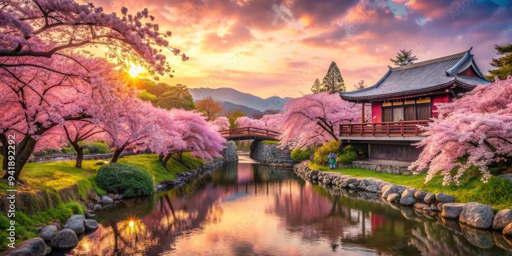 Fototapeta premium Sakura Blossom Dreamscape: Japanese, tranquil, pink, flowing, cherry blossoms