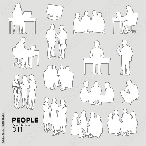 office Architectural Drawings people vector illustration, top view, human person Minimal style hand drawn. Sections, Elevations, Floor Plans.
