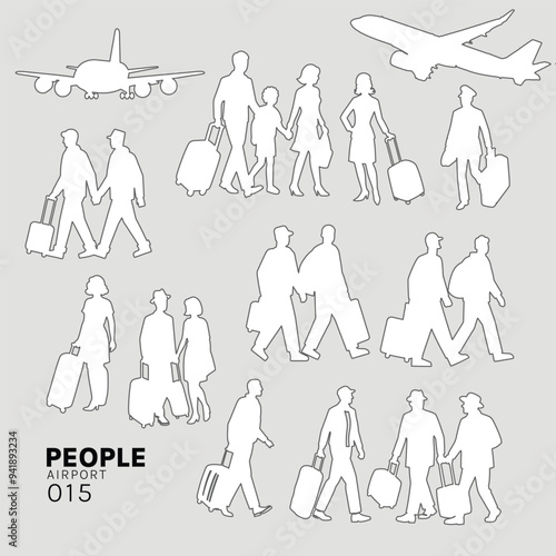 airport Architectural Drawings people vector illustration, top view, human person Minimal style hand drawn. Sections, Elevations, Floor Plans.