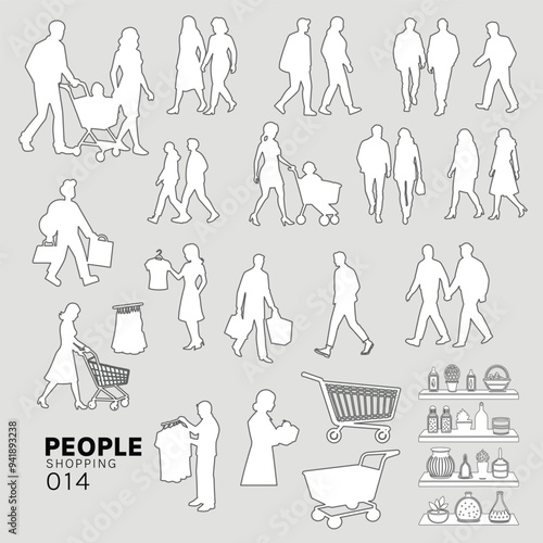 Shopping Architectural Drawings people vector illustration, top view, human person Minimal style hand drawn. Sections, Elevations, Floor Plans.