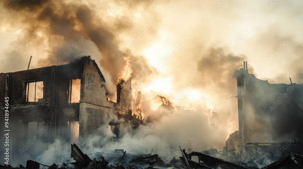 Fototapeta premium Detailed view of smoke rising from an abandoned building fire, with remnants of the structure and firefighting efforts