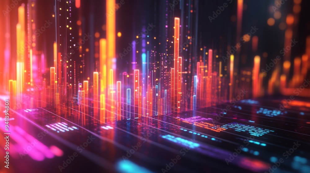 A futuristic 3D graph with holographic effects, showing financial statistics and trends in a visually engaging and high-tech design. A futuristic 3D graph with holographic effects, showing financial statistics and trends in a visually engaging and high-tech design.