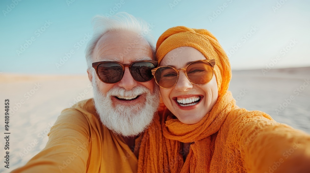 A happy elderly couple dressed in beach attire and wearing glasses, smiling widely against a blue sky backdrop, highlighting their joy and carefree nature. A happy elderly couple dressed in beach attire and wearing glasses, smiling widely against a blue sky backdrop, highlighting their joy and carefree nature.