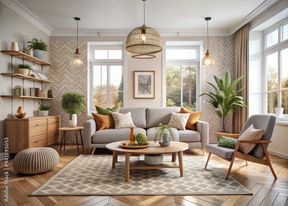Fototapeta premium Scandinavian Winter Glow: Muted colors, geometric patterns, natural materials, cozy ambiance
