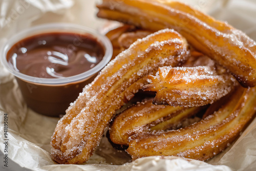 Churros with chocolate sauce on plate. A fried dough dessert from Spanish and Portuguese cuisine