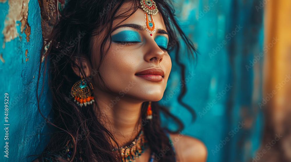 an atractive Indian woman as Krishna, 30 years old, blue style an atractive Indian woman as Krishna, 30 years old, blue style