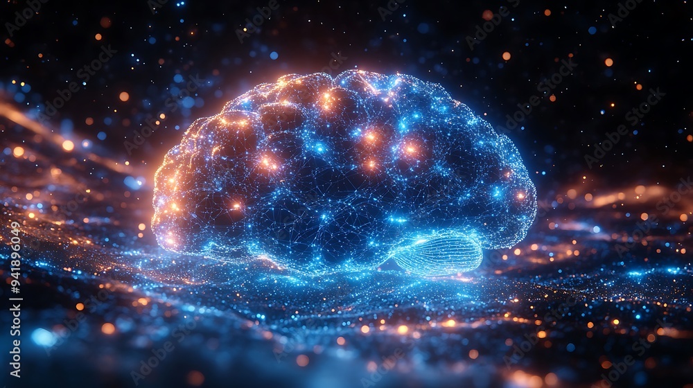 A glowing, digital brain made of connected lines, dots, and particles. A glowing, digital brain made of connected lines, dots, and particles.
