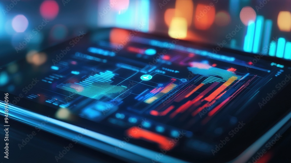 Digital tablet displaying a complex graph with analytics icons and technology overlays - Digital tablet displaying a complex graph with analytics icons and technology overlays -