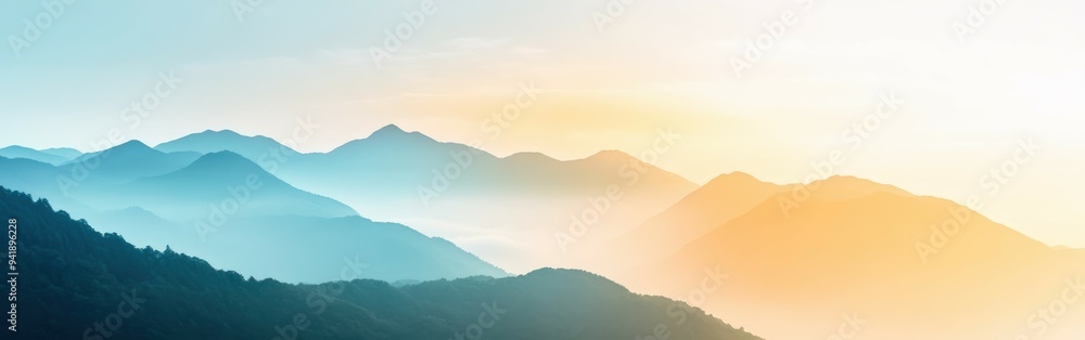 Sunrise over misty mountains with soft colors in the early morning Sunrise over misty mountains with soft colors in the early morning