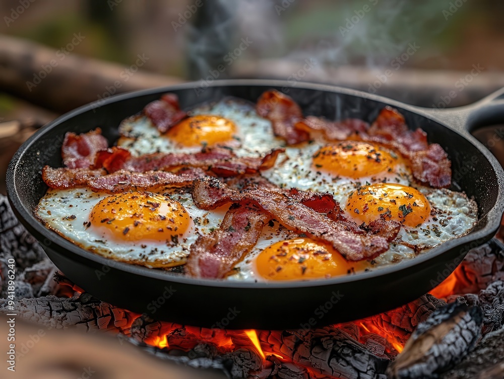 rustic campfire breakfast scene with cast iron skillet sizzling bacon and eggs in misty forest rustic campfire breakfast scene with cast iron skillet sizzling bacon and eggs in misty forest