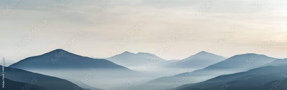 Fototapeta premium Misty morning mountains with rolling hills and soft pastel sky