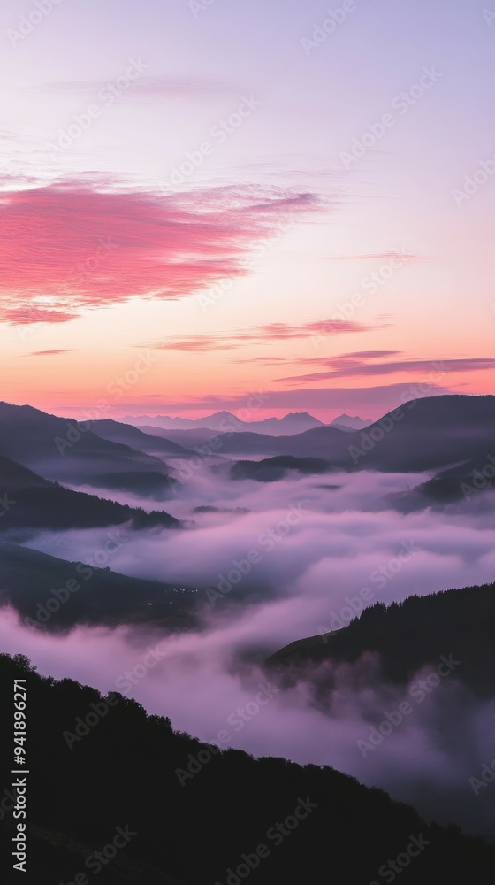 Obraz premium Serene sunrise over misty mountains at dawn in a tranquil landscape