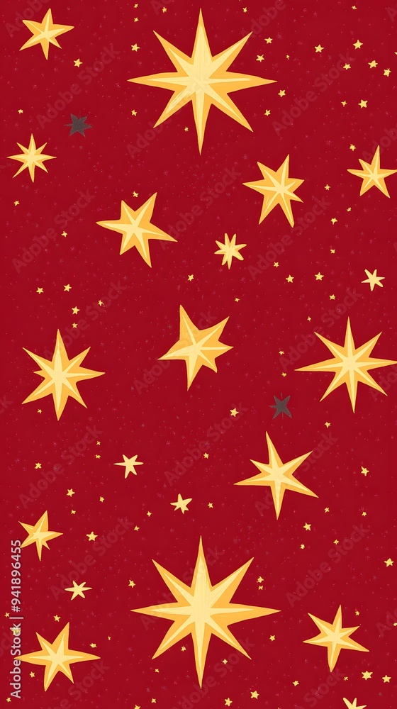 Yellow Stars on Red Background, Abstract Image, Texture, Pattern, Wallpaper, Cover and Screen of Smartphone, Cell Phone, Computer, Laptop, 9:16 and 16:9 Format