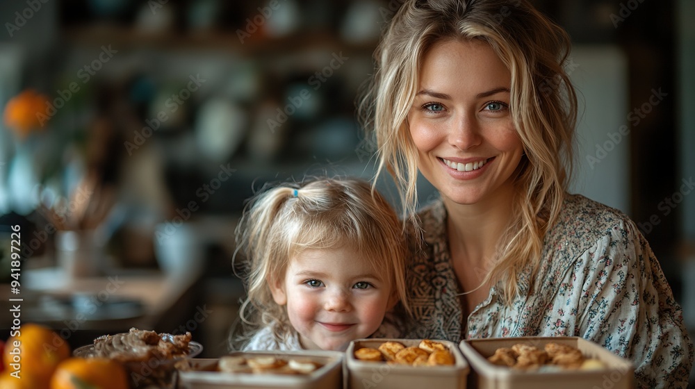 mother preparing breakfast in the kitchen at home for three little children lunch boxes.stock image mother preparing breakfast in the kitchen at home for three little children lunch boxes.stock image
