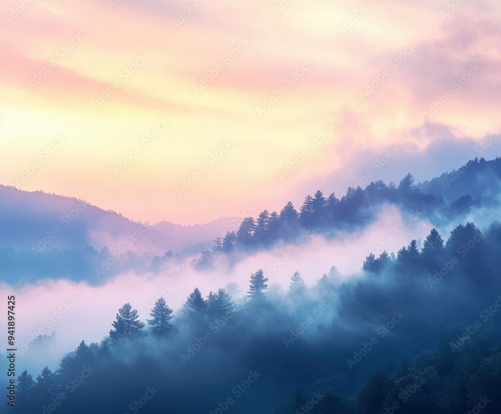 Fototapeta premium Misty sunrise over dense evergreen forest at dawn