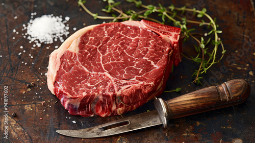 A knife is next to a piece of meat on a wooden table photo