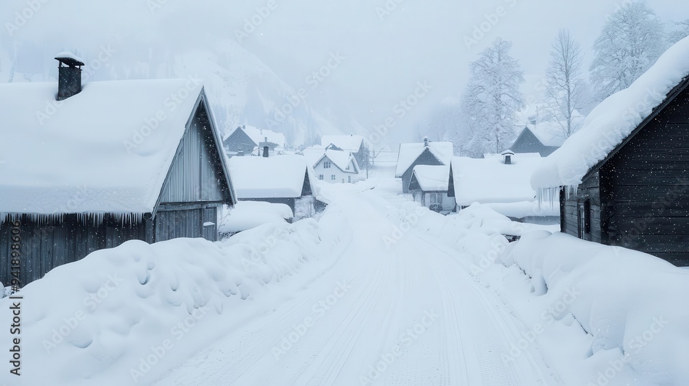 A heavy snowstorm blanketing a small village, snow piling up on rooftops and streets, photorealistic, hyper-resolution, quiet and intense winter weather A heavy snowstorm blanketing a small village, snow piling up on rooftops and streets, photorealistic, hyper-resolution, quiet and intense winter weather