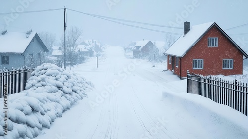 Fototapeta Naklejka Na Ścianę i Meble -  A heavy snowstorm blanketing a small village, snow piling up on rooftops and streets, photorealistic, hyper-resolution, quiet and intense winter weather
