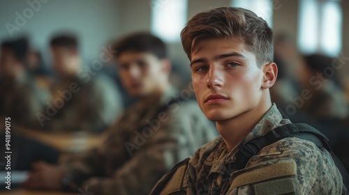 A young man in a military uniform sits in a classroom with other soldiers