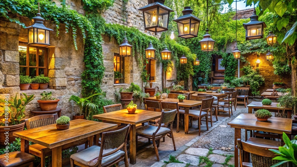 Naklejka premium Cozy outdoor seating area of a bustling restaurant with rustic wooden tables, vibrant greenery, and modern lanterns, surrounded by natural stone walls and lush foliage.
