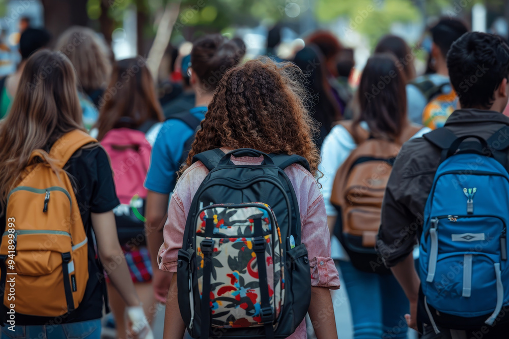 A group of people are walking down a street with backpacks A group of people are walking down a street with backpacks
