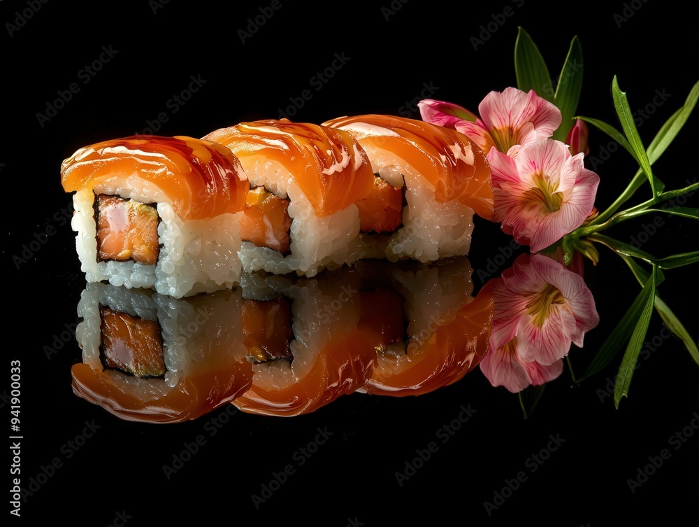 Sushi rolls with salmon and pink flowers on a black surface Sushi rolls with salmon and pink flowers on a black surface