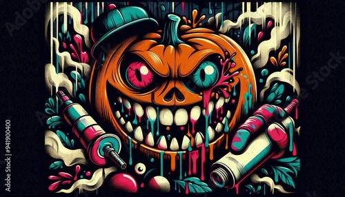 Bold lithographic style artwork featuring a Halloween background with a graffiti-style pumpkin, showcasing exaggerated funny teeth and vibrant paint splashes in the eyes, set against a spooky night photo