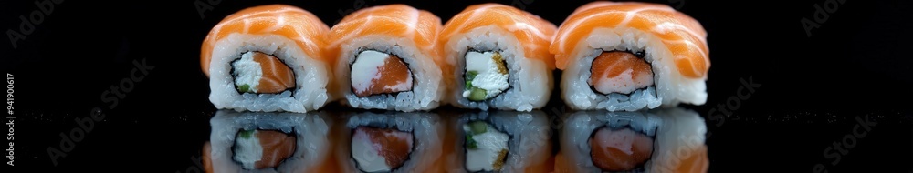 Fresh sushi rolls displayed on a reflective surface in a dark setting Fresh sushi rolls displayed on a reflective surface in a dark setting