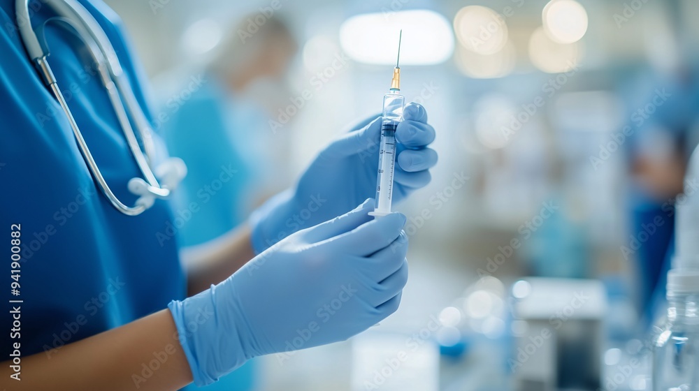 Nurse in Blue Scrubs Carefully Prepares a Syringe, Showcasing Medical Precision and Skill in a Health Care Environment Nurse in Blue Scrubs Carefully Prepares a Syringe, Showcasing Medical Precision and Skill in a Health Care Environment