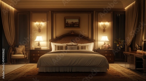 A high-resolution image of a luxurious bedroom with a king-size bed, elegant headboard, and soft ambient lighting creating a sophisticated look.