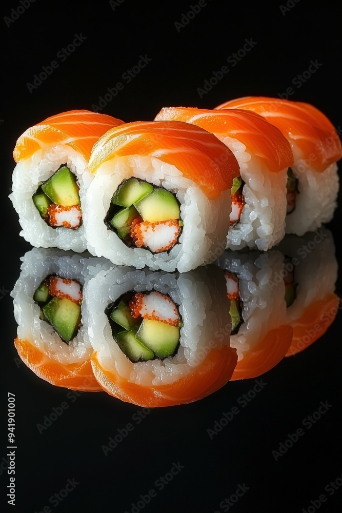 Tasty sushi rolls with fresh salmon and cucumber on glass Tasty sushi rolls with fresh salmon and cucumber on glass
