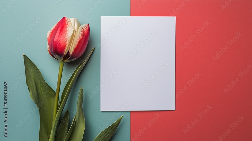 A Beautiful Tulip Bloom Standing Gracefully Beside a Blank Page for Artful Inspiration and Creative Expression in Vibrant Colors A Beautiful Tulip Bloom Standing Gracefully Beside a Blank Page for Artful Inspiration and Creative Expression in Vibrant Colors