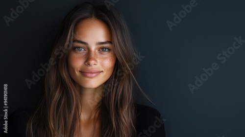 A young woman with long dark hair and freckles smiles warmly at the camera. The dark background contrasts with her bright expression, capturing a moment of calm and contentment.