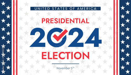 USA 2024 Presidential Election background with American flag colors design. Election event banner, card, poster, template, voting communication, background. Vote day, November 5. Vector illustration.