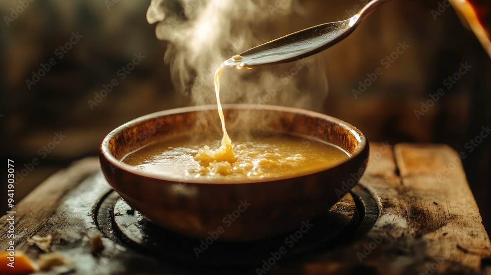 Hot soup being ladled into a bowl, steam swirling up from the rich broth, rustic wooden table Hot soup being ladled into a bowl, steam swirling up from the rich broth, rustic wooden table