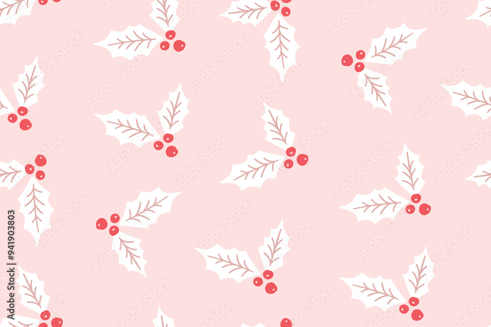 Fototapeta premium Holly berry seamless pattern, pink texture with red berries, Christmas gift wrapping paper