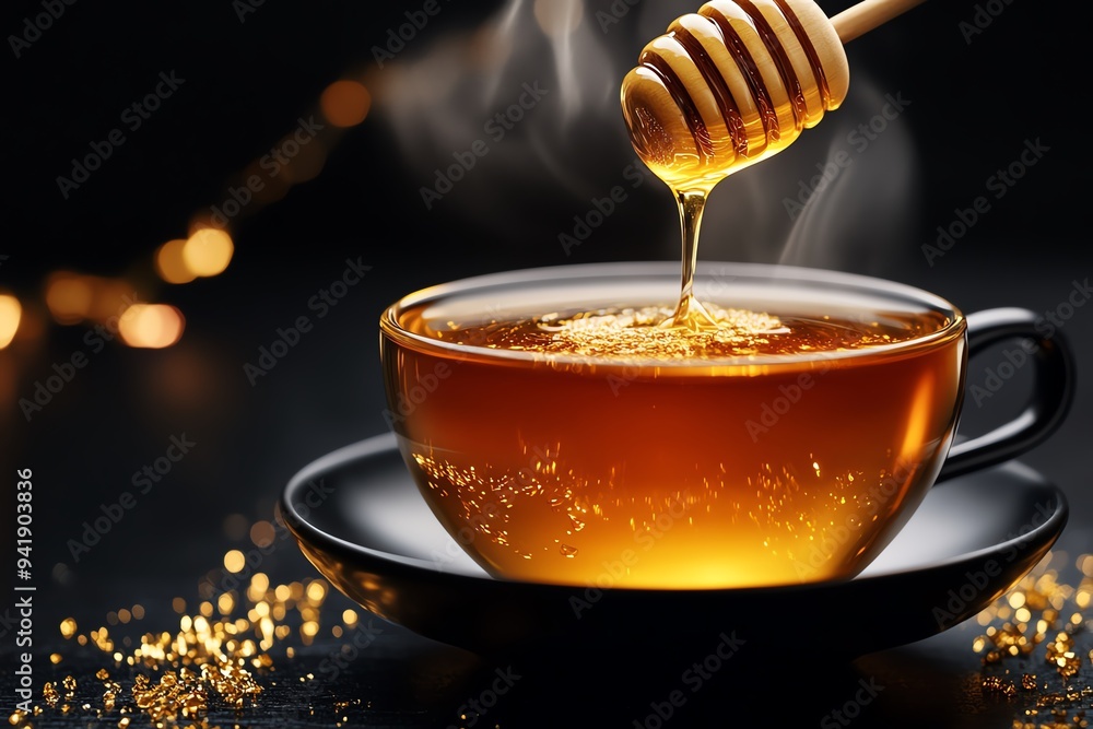 A warm, amber-hued photograph of honey being poured into a steaming cup of tea, with the steam rising and catching the light A warm, amber-hued photograph of honey being poured into a steaming cup of tea, with the steam rising and catching the light