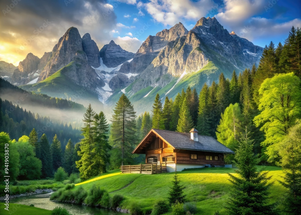 Serene Mountain Escape: Nature, tranquility, introspection, soft light, vibrant greens Serene Mountain Escape: Nature, tranquility, introspection, soft light, vibrant greens