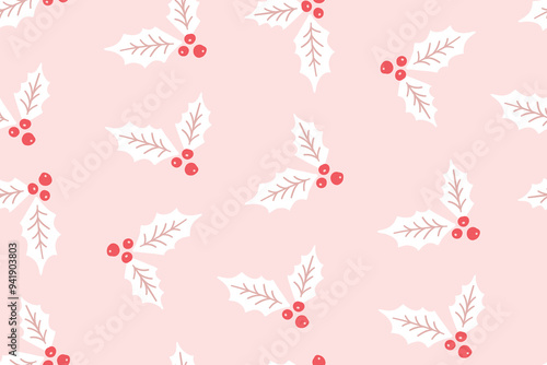 Holly berry seamless pattern, pink texture with red berries, Christmas gift wrapping paper
