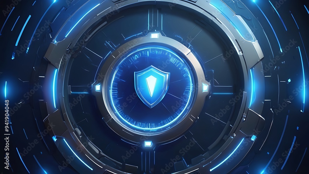 Security technology concept with futuristic shield icon in the center of blue background with light effects Security technology concept with futuristic shield icon in the center of blue background with light effects