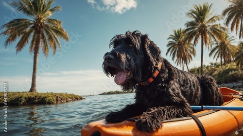 black terrier dog lies and swims in a kayak