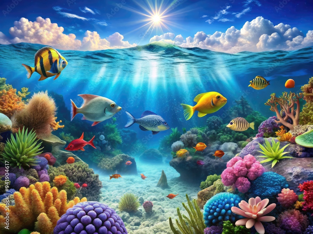 Serene Ocean Sanctuary: Tranquil blue waters, gentle waves, coral reefs, sea creatures, 🌊🚠Serene Ocean Sanctuary: Tranquil blue waters, gentle waves, coral reefs, sea creatures, 🌊ðŸš