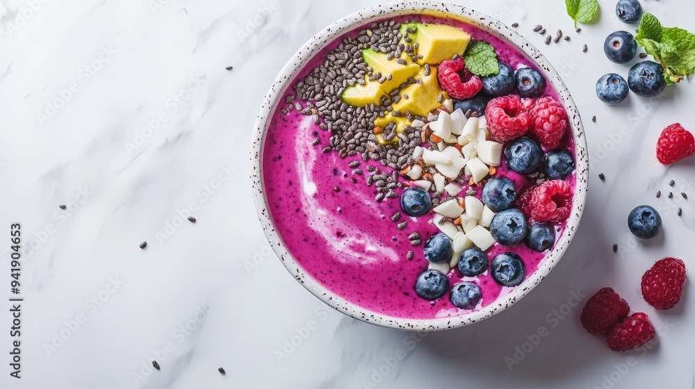 Sleek smoothie bowl with superfood toppings, vibrant colors, white marble background, macro details of seeds and berries, high-contrast lighting, commercial food photography style Sleek smoothie bowl with superfood toppings, vibrant colors, white marble background, macro details of seeds and berries, high-contrast lighting, commercial food photography style